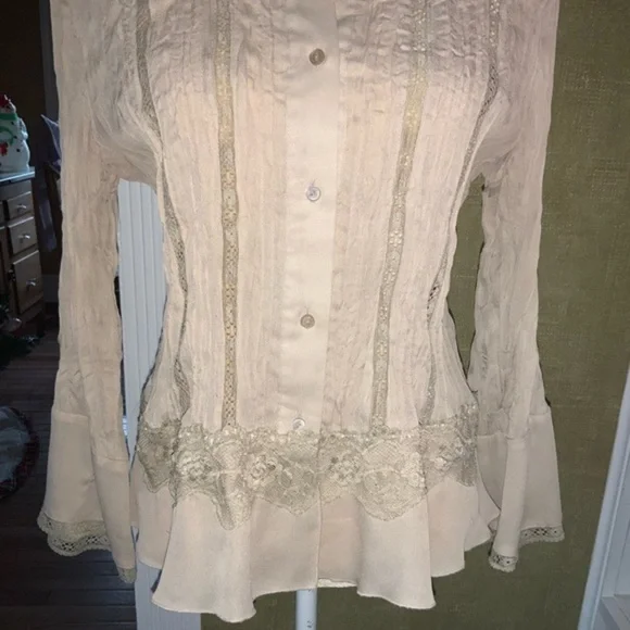 Vintage Tailor B Moss Beige/Tan Button Down Sheer Blouse with Lace Boho Medium - Picture 3 of 10